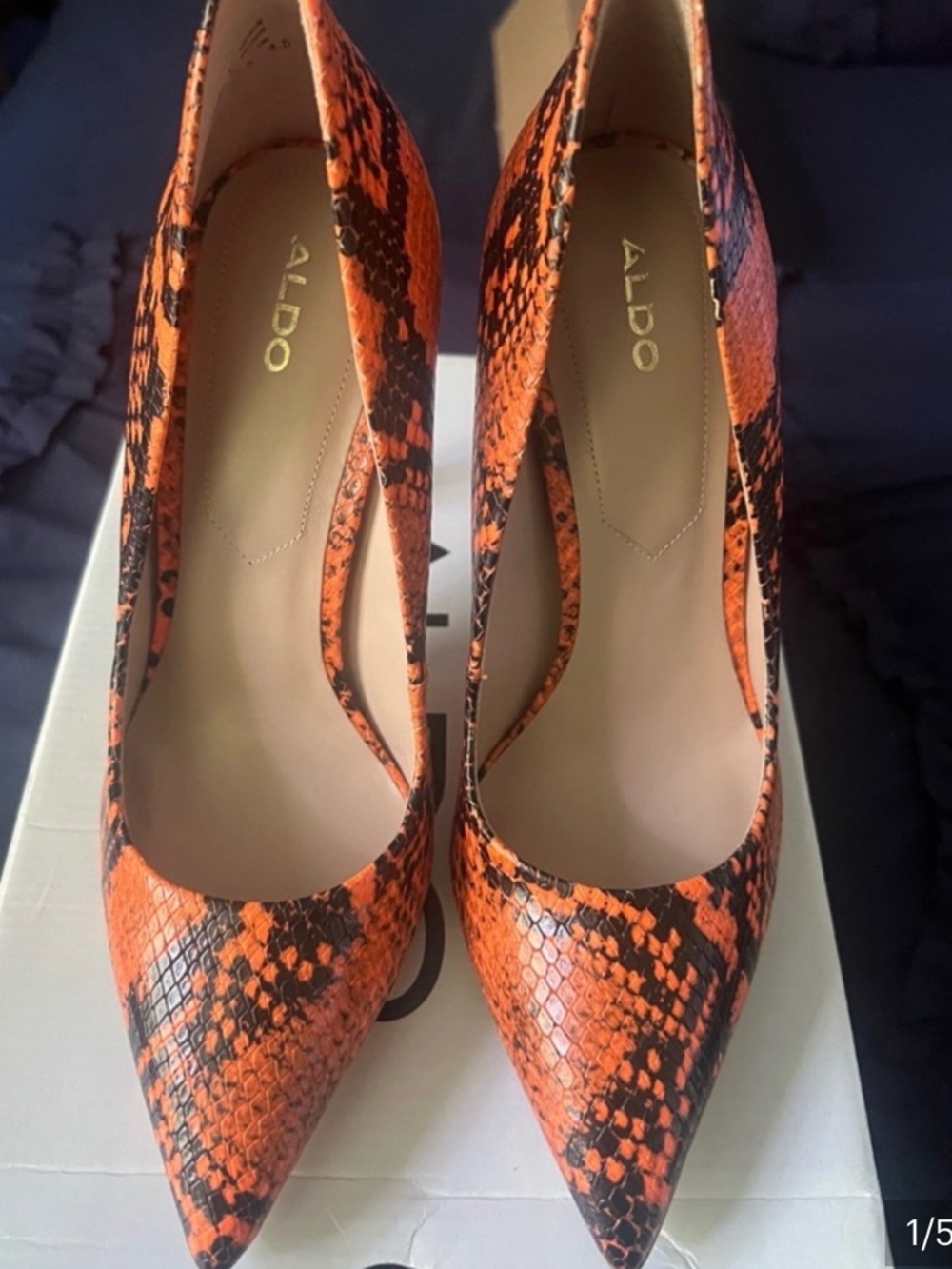Aldo Orange and Black Snake-Print Pointed Toe Heels